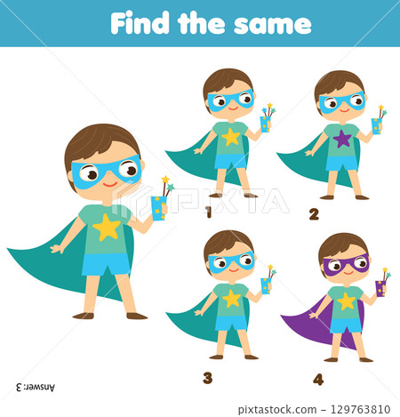 Find the same pictures. Find two identical boys. Children educational game. fun for kids and toddlers. Find the same pictures. Find two identical boys. Children educational game. fun for kids and toddlers. 129763810