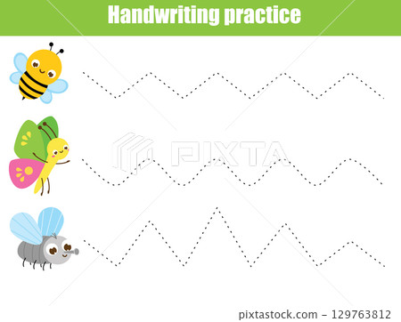 Handwriting practice sheet with funny insects. Educational children game. Tracing lines. early education worksheet for kids 129763812