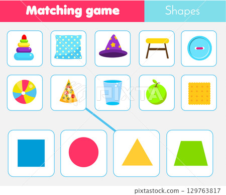 Educational children game. Matching game worksheet for kids. Match by shape. Learning geometric forms Educational children game. Matching game worksheet for kids. Match by shape. Learning geometric forms 129763817