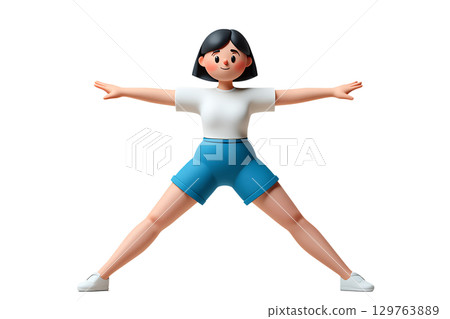 Playful 3d female character doing morning stretches, exaggerated limbs and happy expression Playful 3d female character doing morning stretches, exaggerated limbs and happy expression 129763889