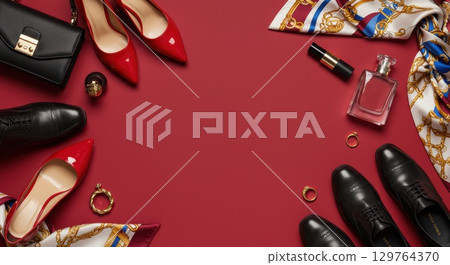 彩色背景圖像，配有時尚鞋、包包和配件 129764370