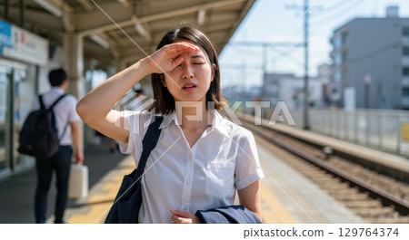 A woman wiping away sweat in the intense heat 129764374