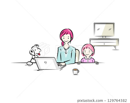 Mother (businesswoman) balancing work and child-rearing by working from home | Business illustration series Mother (businesswoman) balancing work and child-rearing by working from home | Business illustration series 129764382