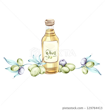 Watercolor illustration of olives and olive oil celebrating Italian cuisine and nature frame, border, arrangement 129764413