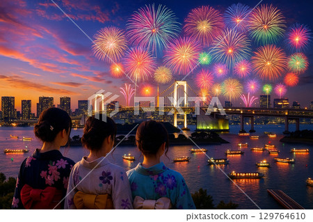 東京灣煙火大會、台場海濱公園和彩虹橋、東京鐵塔 129764610