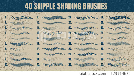 Ink scatter brush, stipple drawing and texturing. Fading gradient. Stippling, dotwork drawing, shading using dots. Halftone disintegration effect. White noise grainy texture. Vector illustration 129764623