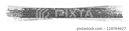 Grunge tire tracks with mud splatters, dirty wheel braking marks. Truck, car, or motorcycle tread pattern silhouettes. Perfect for off-road, motorsport, and racing designs. Vector illustration 129764627