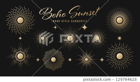 Vintage golden sunburst, sunset beams collection. Boho style, modern minimalist bohemian design. Hand drawn bursting sun, light rays. Logotype or lettering retro design element. Vector illustration Vintage golden sunburst, sunset beams collection. Boho style, modern minimalist bohemian design. Hand drawn bursting sun, light rays. Logotype or lettering retro design element. Vector illustration 129764628