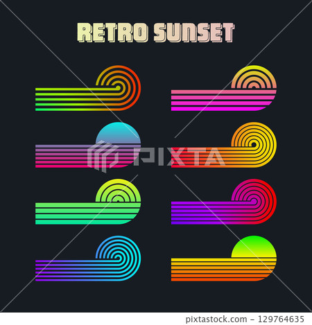 Vintage colorful sunset. Various gradient striped sunrise badges in 80s and 90s style. Sun and ocean view, summer vibes, surfing. Design element for print, logo or t-shirt. Vector illustration 129764635