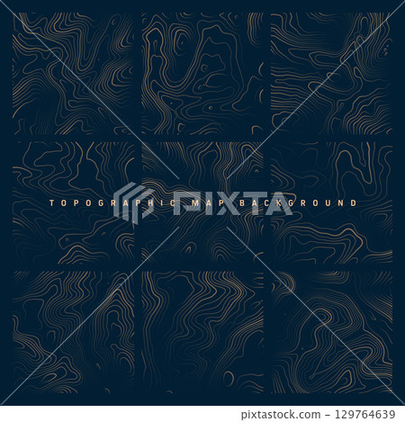 Colorful topographic maps with contour lines. Geographic terrain grid, relief height elevation. Ground path pattern. Travel and navigation, cartography design element. Vector illustration 129764639