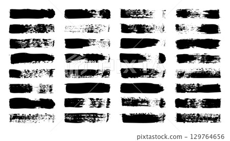 Grunge brush strokes, lines, ink smudges, hand-drawn scribble shapes. Handmade sketchy marks, acrylic stains, charcoal streaks. Paint textures, dry brush effect. Marker underline. Vector illustration 129764656