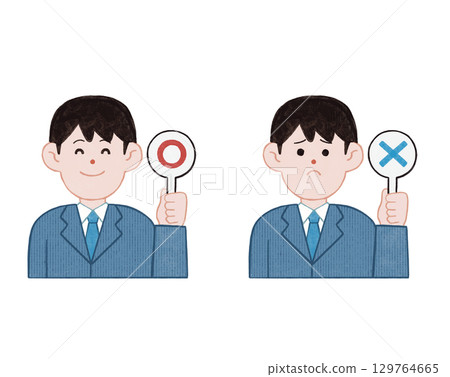 Office worker male businessman ○× sign board judgment OK NG illustration 129764665