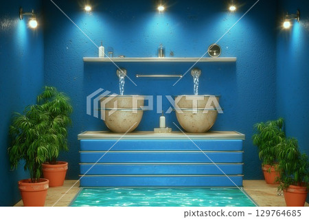 3D rendering Blue table with two-tiered sink and potted plants interior CG 129764685