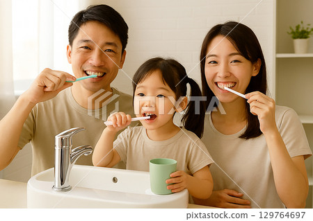 Girl brushing her teeth with her family 129764697