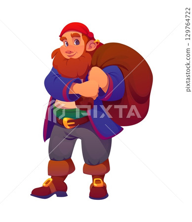 Cartoon pirate boatswain ship crew character holding bag of treasure over his shoulder. Isolated vector bearded sailor, retro medieval corsair personage with headscarf, boots and happy expression Cartoon pirate boatswain ship crew character holding bag of treasure over his shoulder. Isolated vector bearded sailor, retro medieval corsair personage with headscarf, boots and happy expression 129764722
