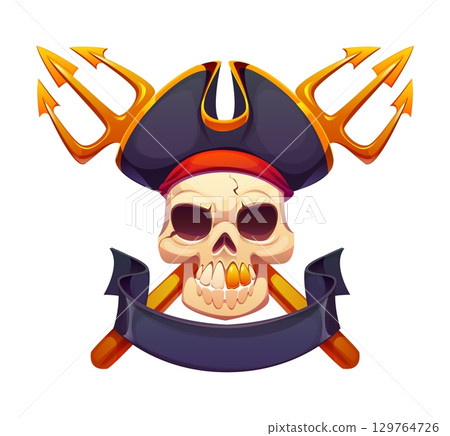 Cartoon pirate skull with a gold toothed grin, tricorn hat, red bandana crossed golden tridents behind and blank ribbon banner. Cartoon vector Caribbean corsairs game icon and heraldry emblem 129764726