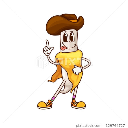 Cartoon groovy daikon radish vegetable cowboy character. Agriculture natural product, healthy food veggie Texas sheriff retro vector cheerful character. Daikon Western bandit Y2K groovy personage 129764727