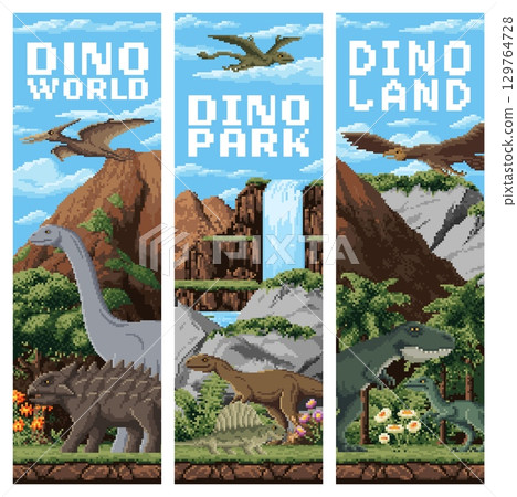 8 bit pixel art prehistoric dinosaurs vertical banners. Retro arcade game pixel extinct reptile vector banner. Pixelated poster with dinosaurs, prehistoric jungle forest and river waterfall, mountains 129764728
