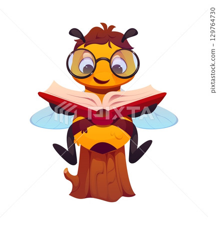 Cartoon honey bee character reading book while sitting on a tree trunk with cheerful expression. Cute insect student wearing glasses, joyful personage exudes curiosity, knowledge, springtime learning 129764730