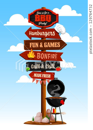 Cartoon bbq wooden signboard, barbeque party directional sign yard with wood arrows pointing to hamburgers, games, bonfire, grill, and fresh food. Vector barbecue signpost against blue sky with clouds 129764732