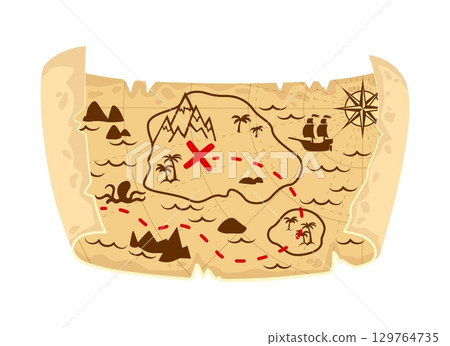 Old pirate treasure map. Cartoon vector vintage worn parchment with ship, island and land, wind rose, x mark and cardinal points. Fantasy world torn paper scroll with travel locations and sea monster 129764735