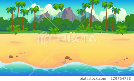 Cartoon tropical island beach landscape background featuring golden sand, palm trees, blue ocean and distant mountains under the sunny cloudy sky. Vector summer travel vacation exotic coastal paradise 129764758