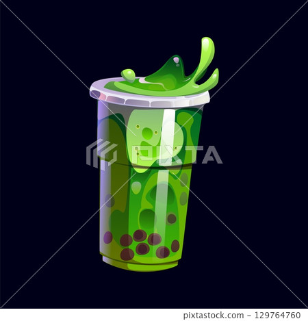 Fast food green milk bubble tea beverage cup. Takeout menu smoothie cartoon vector drink glass, street food cafe milk boba beverage. Takeaway sweet milkshake cocktail or bubble tea plastic cup 129764760