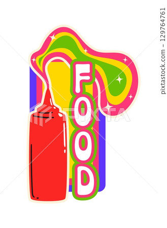 Fast food sauce bottle vintage Y2K sticker or label. Street food funky isolated vector label, fast food restaurant sticker. Takeaway menu tag with ketchup sauce bottle and vibrant color typography 129764761