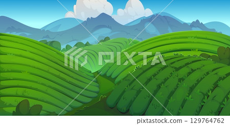 Tea plantation cartoon landscape with asian farm fields and mountain hills, green trees and blue sky clouds vector background. India, China and Vietnam terraced fields of tea plantation, agriculture 129764762