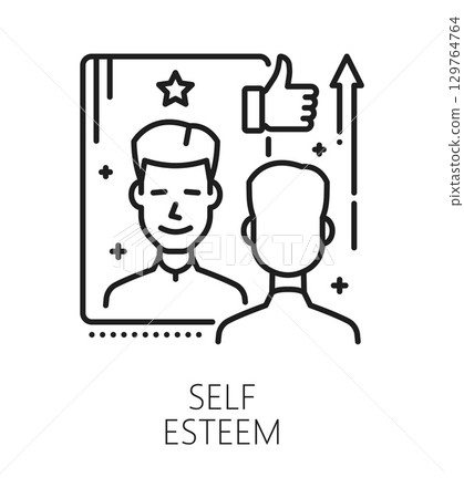 Self esteem life skills line icon or sign. Personal life skills lineart vector icon, people potential linear symbol. Personality self esteem sign or pictogram with man character looking in mirror 129764764