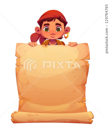 Kid boy pirate in bandana with medieval scroll parchment. Cartoon vector child with red scarf and gold earring peeking over blank ancient scroll for messages, treasure hunt invitations, announcements 129764765