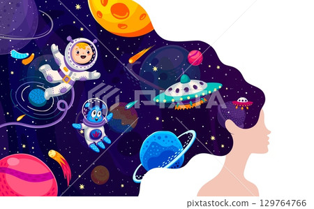 Woman with color galaxy space hair. Girl head vector silhouette with long wavy hair of cartoon galaxy planets, astronaut and alien characters, UFO spaceships and stars space landscape double exposure 129764766