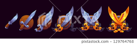 Pirate saber and corsair sword game rank badge, vector piracy award and rating icon. Cartoon old wood shields with crossed pirate sword and sabre, treasure gold coins and black ribbon, game rank badge 129764768