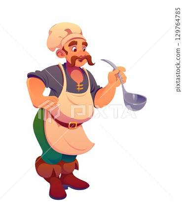 Cartoon pirate cook ship crew character holding a ladle and wearing an apron and toque hat. Vector corsair chef personage for games, story books, culinary storytelling and cooking maritime adventures 129764785