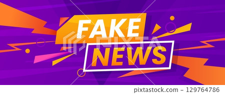 Fake news banner with purple background, motion lines and bold headline create urgency and impact. Vector social media communication alert, informational layout promoting disinformation announcement 129764786