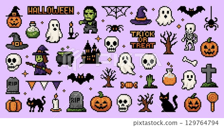 Y2k Halloween 8 bit pixel game icons and stickers set. Vector pixel art Halloween holiday pumpkin, ghost, witch and skull, black cat, bat and spider, scary zombie, skeleton and cemetery tombstone icon 129764794