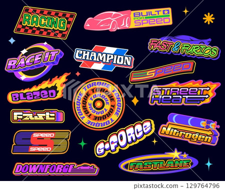Car race retro y2k groovy stickers, racing sport patch labels with speed autos and flags. Vector speed motor car and wheel tire y2k stickers pack with groovy fire flames and stars, racing sport labels 129764796