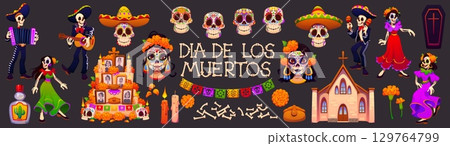 Day of the dead holiday characters, dia de los Mexican personages. Festive set celebrating death with dancing skeletons, sugar skulls, marigolds, candles, ofrendas, papel picado and traditional attire 129764799