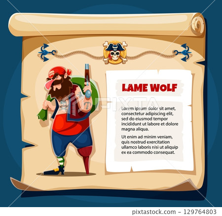 Game window with pirate crew character options. Cartoon corsair named Lame Wolf with peg leg and tattoos, displayed on a parchment scroll with anchor icons and crossbones emblem. Game ui adventure 129764803