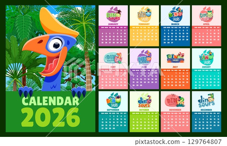 2026 calendar schedule with cute dinosaurs. Vector planner with cheerful cartoon dino and monthly pages. Funny prehistoric chart with each month is brightly styled with hatching dino babies in eggs 2026 calendar schedule with cute dinosaurs. Vector planner with cheerful cartoon dino and monthly pages. Funny prehistoric chart with each month is brightly styled with hatching dino babies in eggs 129764807