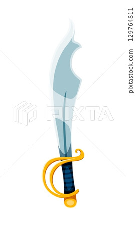 Pirate captain cartoon fantasy sword game icon. Buccaneer bandit fantasy sword vector game icon, corsair weapon sabre asset. Pirate privateer isolated blade with shiny blade and golden crossguard Pirate captain cartoon fantasy sword game icon. Buccaneer bandit fantasy sword vector game icon, corsair weapon sabre asset. Pirate privateer isolated blade with shiny blade and golden crossguard 129764811