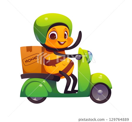 Cheerful cartoon bee riding a green scooter while delivering honey, wearing a helmet for safety. Vector honeybee insect mascot of delivery service, eco transport, food and beekeeping apiary production Cheerful cartoon bee riding a green scooter while delivering honey, wearing a helmet for safety. Vector honeybee insect mascot of delivery service, eco transport, food and beekeeping apiary production 129764889