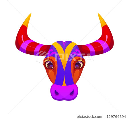 Cartoon bull head, Barranquilla Colombian carnival holiday symbol representing the iconic torito carnival mask, symbolizes festivity, folklore, and afro Caribbean heritage during cultural celebration Cartoon bull head, Barranquilla Colombian carnival holiday symbol representing the iconic torito carnival mask, symbolizes festivity, folklore, and afro Caribbean heritage during cultural celebration 129764894