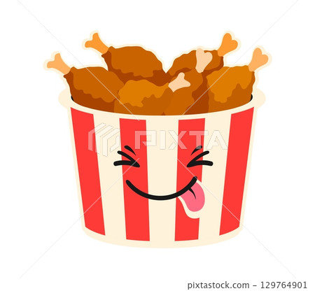 Fast food chicken drumsticks bucket vintage Y2K sticker or tag. Street food cafe Y2K nostalgic vector tag, takeaway menu patch. Fast food restaurant label with fried chicken legs meal cute character 129764901