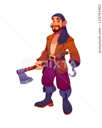 Cartoon pirate ship crew character holding an axe with a hook hand, dressed in a headscarf, boots, belt, and rugged clothes. Vector swashbuckling boarding ship crewman ready for maritime adventure 129764902