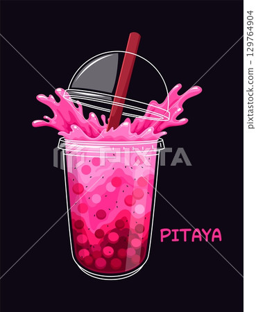 Cartoon pitaya milk bubble tea glass with bright splashes. Dragon fruit pink exotic drink in a transparent cup with a dome lid, tapioca pearls and red straw, capturing an and energetic tropical flavor 129764904