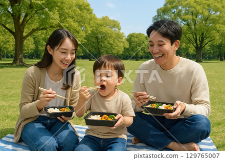 父母和孩子在公園裡吃午飯 129765007