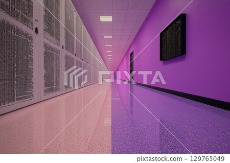 Purple data center corridor with pink terrazzo floor and black and white hardware Purple data center corridor with pink terrazzo floor and black and white hardware 129765049