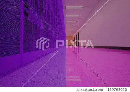 Purple and pink hallway, lockers and white floors in a minimalist interior Purple and pink hallway, lockers and white floors in a minimalist interior 129765050