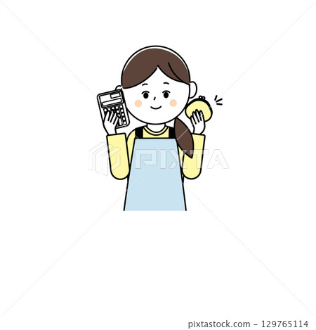 Illustration of a woman holding a calculator and a wallet 129765114